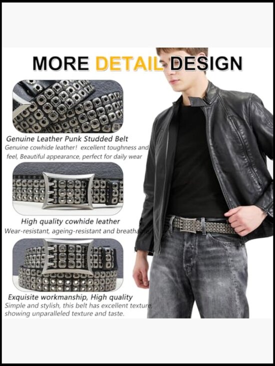 Genuine Leather Studded Punk Belt Three Row Rivets Unisex